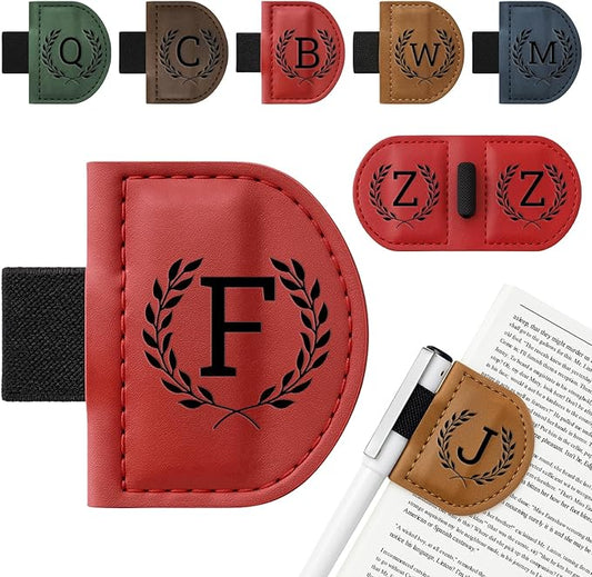 Personalized Bygone Mark Bookmark with Pen Holder,Engraving Leather Magnetic Bookmarks Vintage 26 Letters Name Initials Text Book Marker Clips Gifts for Reading Book Lovers Women (Red, F)