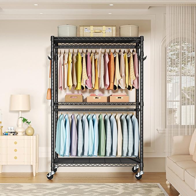 P1 Plus Rolling Clothes Rack, 22mm Diameter Heavy Duty Garment Rack with Wheels, Portable Closet Wardrobe with Double Rods, 45" W x 17.7" D x 80.5" H, Max Load 524 LBS, Black