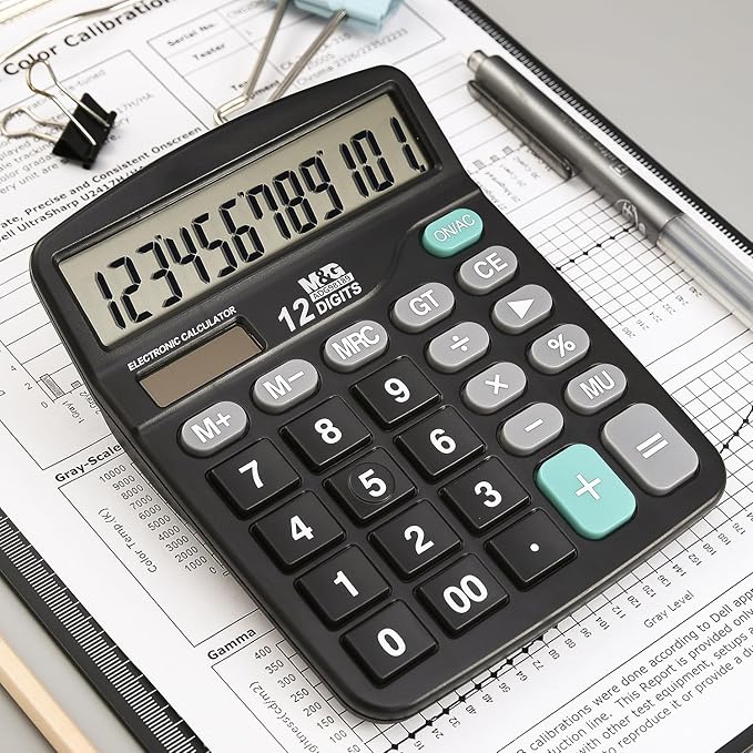 M&G Desk Calculator 12 Digit Office Calculators with Large LCD Display, Dual Solar Power and Battery, Recessed Big Button Calculator for Office Home School (Black)