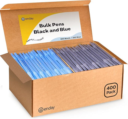 Enday Ballpoint Pens Bulk Blue and Black Pens (400 Pack) 200 Black & 200 Blue - Medium Point (1.0mm) Flexible Round Barrel For Writing Comfort, Pens Bulk for School, Home and Office.
