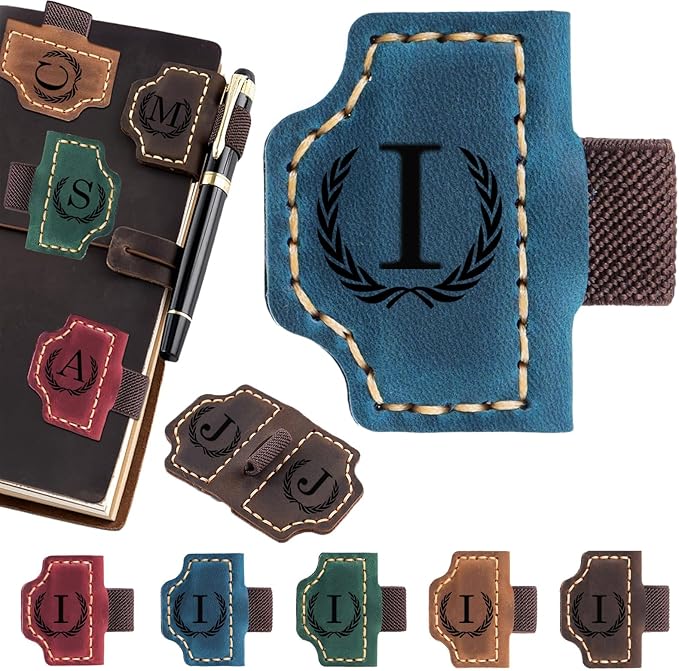 Artlaza Personalized Magnetic Leather Bookmark with Pen Holder - 26 Letters Custom Book Mark with Name Initial Engraved Book Marker for Readers, Book Lovers, Travelers - Gift for Women & Men(Blue，I