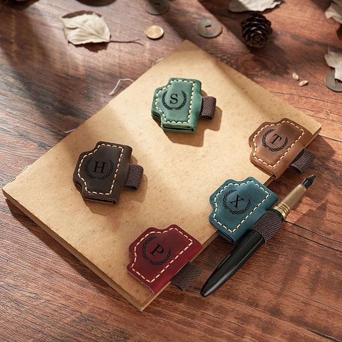 Artlaza Personalized Magnetic Leather Bookmark with Pen Holder - 26 Letters Custom Book Mark with Name Initial Engraved Book Marker for Readers, Book Lovers, Travelers - Gift for Women & Men(Blue，K