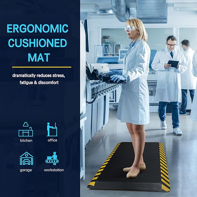 FEATOL Anti Fatigue Mats Industrial 8 Packs, Ergonomic Standing Floor Mat for Work for Stand, Black with Yellow Border Safety 20" x 32"-Support for Leg & Back Pain