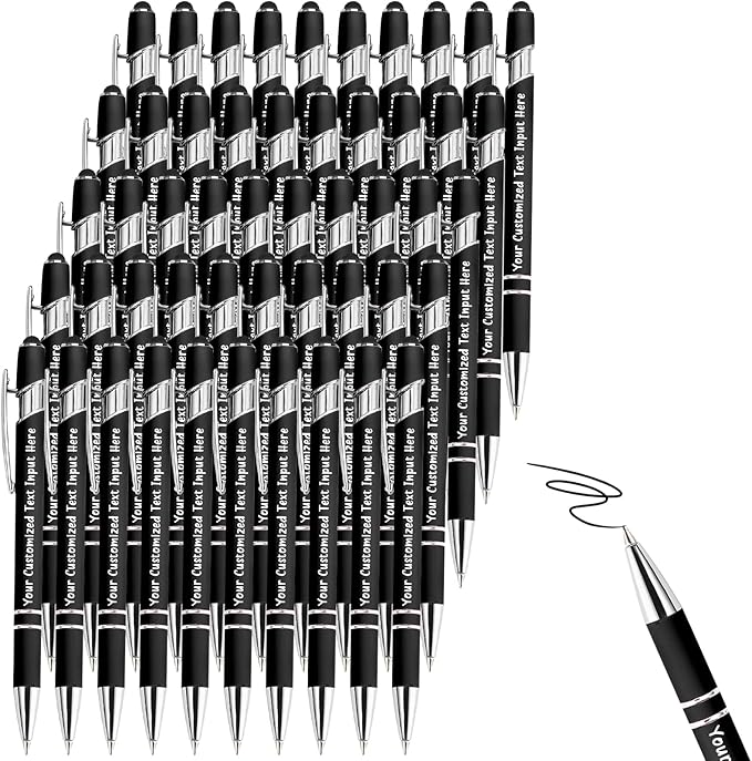 Up to 200 Pcs Personalized Ballpoint Pen Custom Pens Free Engraved Bulk with Name Logo Soft Black Ink Stylus with Touch Metal Office Gift for Anniversaries Graduations Birthdays