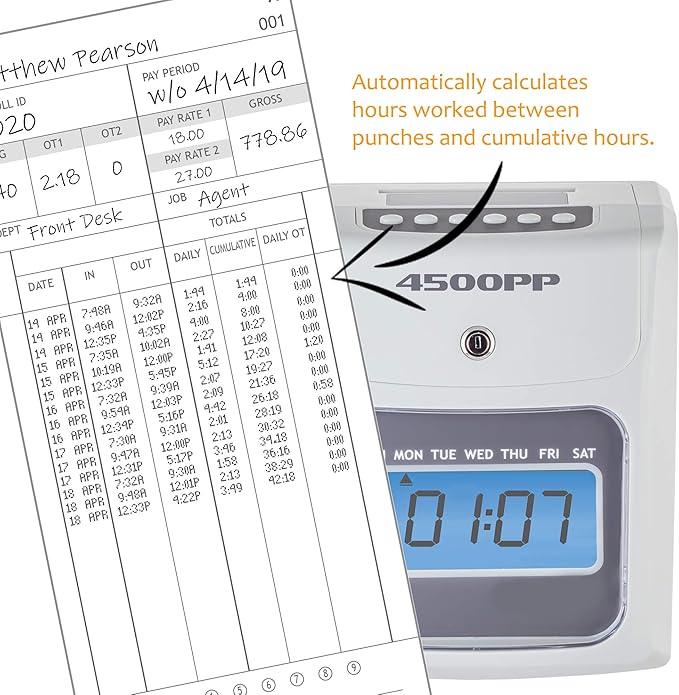 Nile Products - 4500PP Electronic Calculating Time Clock [4500PPK1], Small Business Bundle Includes: 125 Time Cards,1 Ink Ribbon, 2 Security Keys and 1 Ten Pocket Card Rack