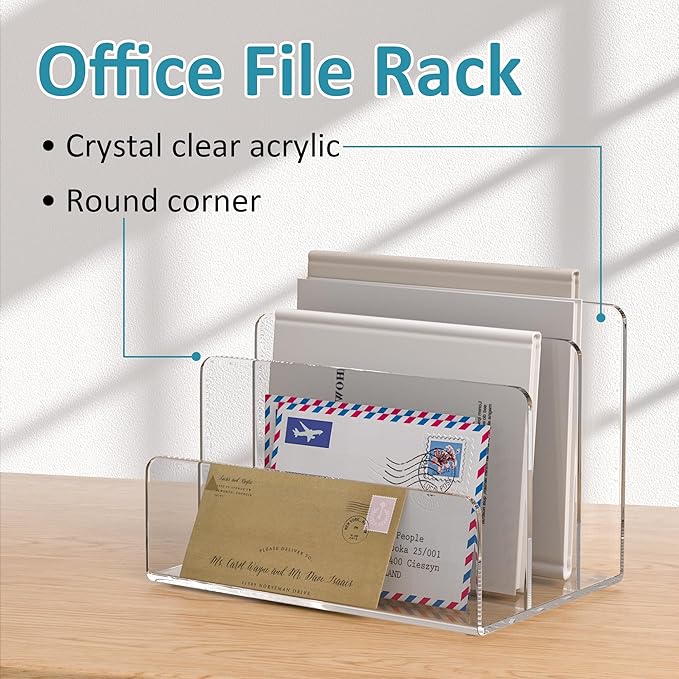 Acrylic File Holder 3 Compartment, Clear Desk File Organizer, Office Magazine File Folder Organizer Desktop for Calculate, Books