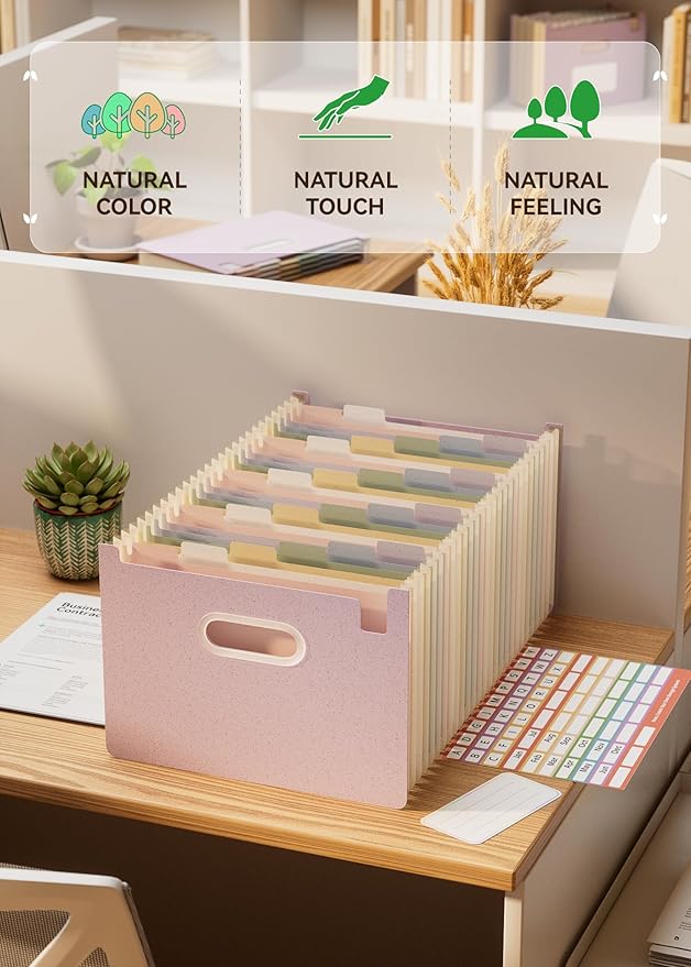 Accordion File Organizer, 26 Pockets Wheat Straw Expanding File Folders, Upright&Open Top, A-Z Bill Receipt Organizer, 100% BPA Free, Return to Nature, Healthy Living, Letter/A4 Size-Lavender Purple