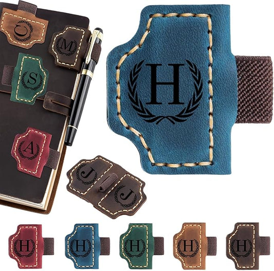 Artlaza Personalized Magnetic Leather Bookmark with Pen Holder - 26 Letters Custom Book Mark with Name Initial Engraved Book Marker for Readers, Book Lovers, Travelers - Gift for Women & Men(Blue，H