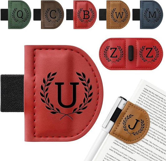 Personalized Bygone Mark Bookmark with Pen Holder,Engraving Leather Magnetic Bookmarks Vintage 26 Letters Name Initials Text Book Marker Clips Gifts for Reading Book Lovers Women (Red, U)