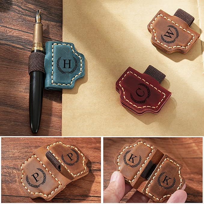 Personalized Magnetic Leather Bookmark with Pen Holder - 26 Letters Custom Book Mark with Name Initial Engraved Book Marker for Readers, Book Lovers, Travelers - Gift for Women & Men(Light Brown，O