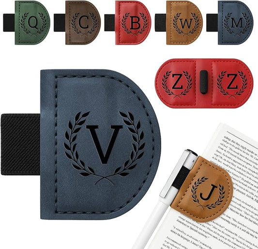 Personalized Bygone Mark Bookmark with Pen Holder,Engraving Leather Magnetic Bookmarks Vintage 26 Letters Name Initials Text Book Marker Clips Gifts for Reading Book Lovers Women (Blue, V)