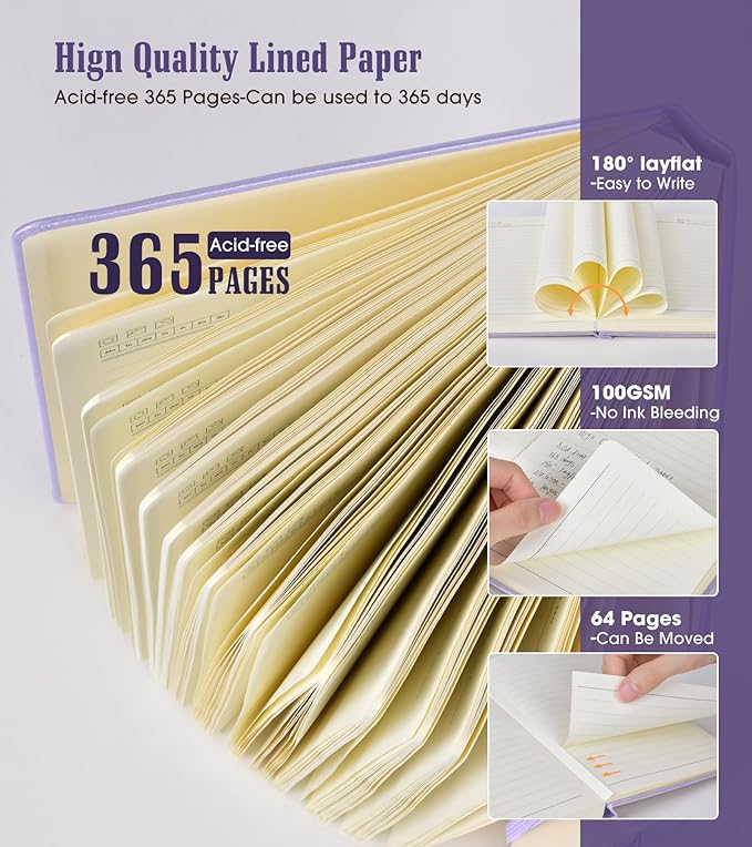 Lined Journal Notebook, 365 Pages B5 Large Journals for Writing Ruled Notebook, Hardcover Leather Journal for Women Men, Daily Notebook for Work, Note Taking, 100Gsm Thick Paper(7.6'' X 10'' Purple)