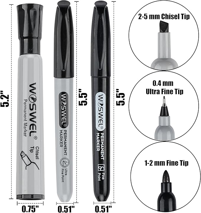 Permanent Markers 36 Variety Pack Bulk,Featuring Ultra-Fine,Chisel Tip,And Fine Tip Marker Set,Writing And Poster Black Markers,Works on Plastic,Wood,Stone,Metal and Glass for Doodling, Marking