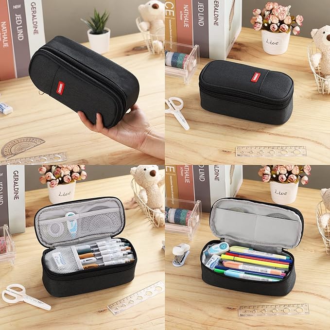 Big Pencil Case Large Capacity Pencil Bag with Zipper Pencil Pouch for Boys Girls Kids Adults Stationery Pencil Pen Case Organizer for School Office Black