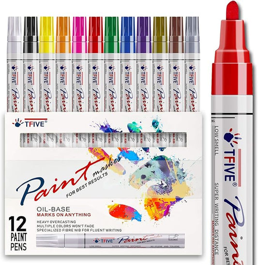TFIVE Paint Pens Paint Markers Never Fade Quick Dry and Permanent, 12 Color Oil-Based Waterproof Marker Pen Set for Rock Painting, Ceramic, Wood, Fabric, Plastic, Canvas, Glass, Mugs