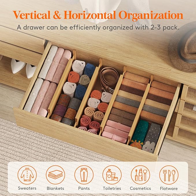 Lifewit 8 Pack Drawer Dividers Bamboo 6" High, 16-22" Adjustable Clothes Drawer Organizers, Expandable Dresser Separators in Bedroom/Bathroom/Kitchen/Office Organization and Storage