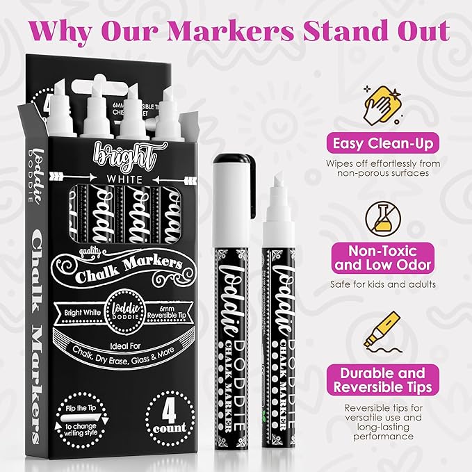 Loddie Doddie Liquid Chalk Markers - Pack of 4, 6mm White Chalk Markers for Chalkboard, Window, Glass & Bistro, Bullet & Chisel Tip - Erasable Ink Pens for Blackboard - Chalkboard Pens Erasable