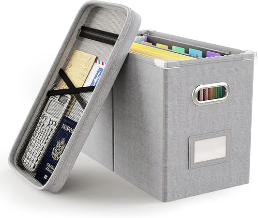 Oterri File Organizer with Lid, Hanging Filing Box with Mesh Pocket, Document Organizer for Letter Files, Portable Storage Box with Smooth Sliding Rail for Office & Home (1 PCS, Light Grey)