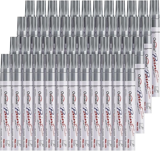 Overseas 48 Silver Paint Pens, Oil Based Permanent Markers Set - Quick Drying, Waterproof, Fade-Resistant, Medium Tip Paint Markers Bulk for Wood, Metal, Rock, Ceramic, Plastic, Canvas, Glass, Rubber
