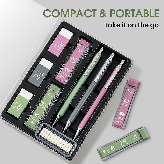 Aesthetic 0.7mm Mechanical Pencil Set with Case – 3 Vintage Mechanical Pencils, 4 Tubes HB #2 Lead Refills, 3 Erasers & 12 Eraser Refills, Cute Pencil Kit for Back to School Stationery Supplies