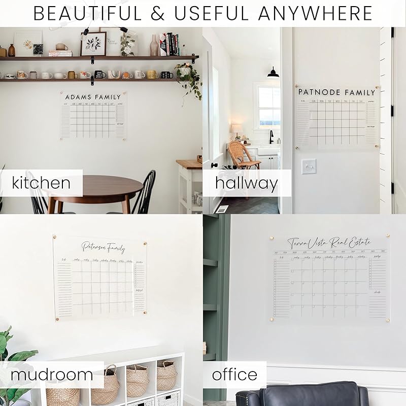 Personalized Clear Acrylic Calendar for Wall, Calendar Whiteboard for Wall, Dry Erase Wall Calendar, Wall Calendar Organizer System for Home (Cursive, Jade, 38"W x 26"H)