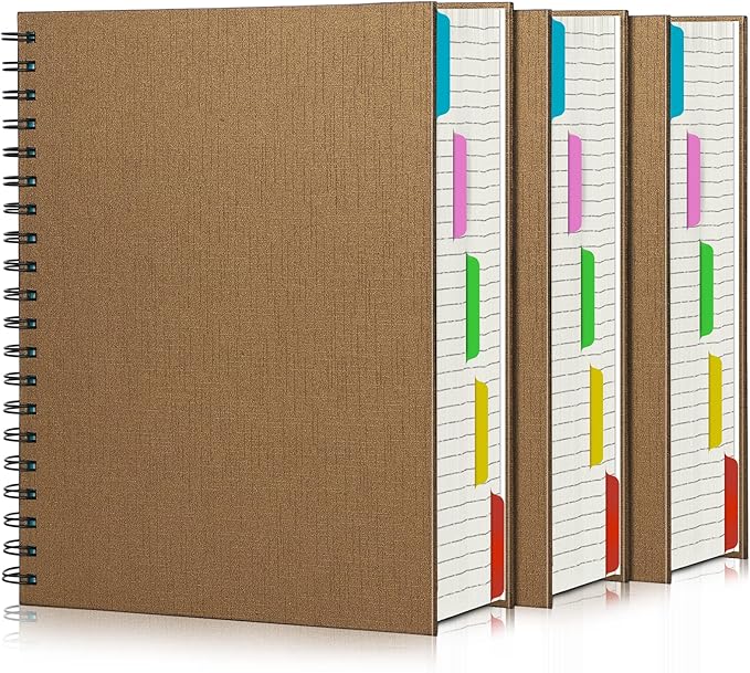 EUSOAR Spiral Notebook 5 Subject, 3pcs B5 7.3"x10.2" College Ruled Writing Pad, Thick Hardcover, 100GSM 120Sheets/ 240Pages of Lined Paper, for Journals, Students, Office and Business, Kraft