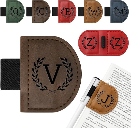 Personalized Bygone Mark Bookmark with Pen Holder,Engraving Leather Magnetic Bookmarks Vintage 26 Letters Name Initials Text Book Marker Clips Gifts for Reading Book Lovers Women (Coffee, V)