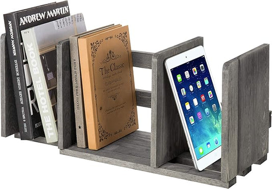 MyGift Barnwood Gray Wood Desktop Bookshelf Organizer, Expandable Adjustable Display Shelf Book Rack