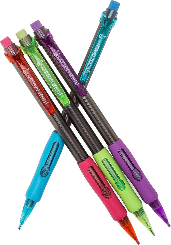 June Gold 72 Mechanical Pencils, 0.7 mm HB Lead, 2 Lead Dispensers with 220 Refills & 16 Erasers, Break Resistant, Convenient Side Click & Soft Non-Slip Grip