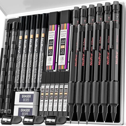 Nicpro Metal Mechanical Pencil Set, 3PCS Art Drafting Pencil 0.5, 0.7, 0.9MM & 2PCS 2MM Mechanical Drawing Pencils with 126 Lead(4B 2B HB 2H 4H Color) Weatherproof Barrel for Writing Sketching Drawing