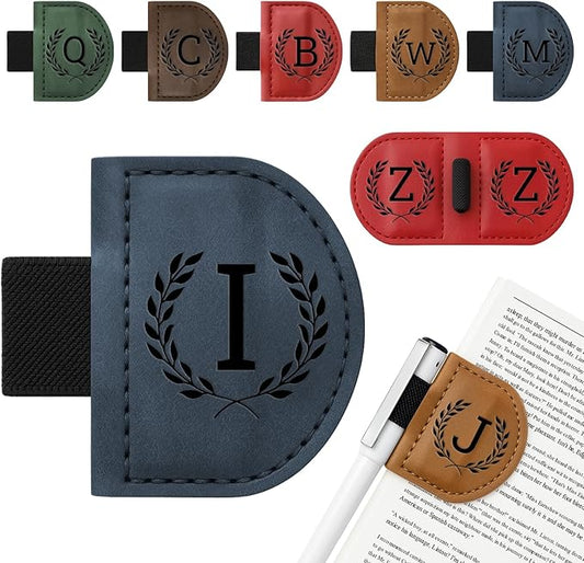 Personalized Bygone Mark Bookmark with Pen Holder,Engraving Leather Magnetic Bookmarks Vintage 26 Letters Name Initials Text Book Marker Clips Gifts for Reading Book Lovers Women (Blue, I)