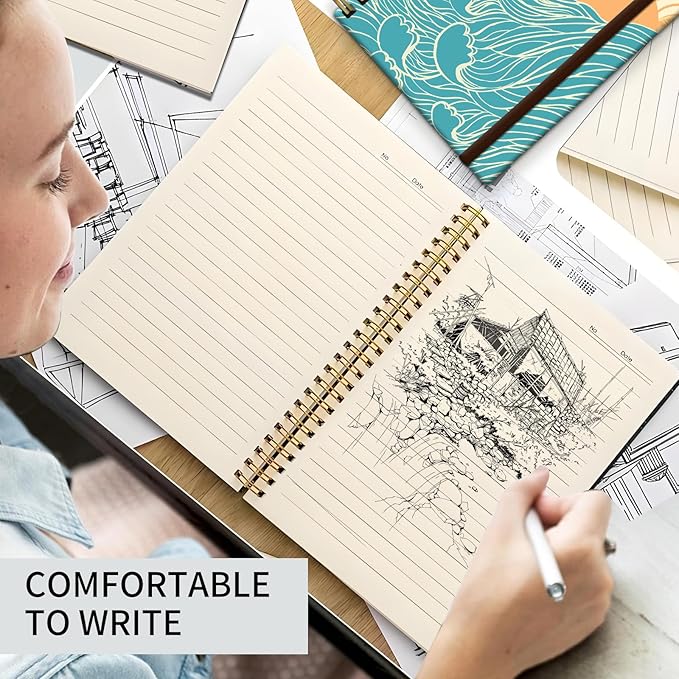 Spiral Journal Notebook, A5 Cute Notebooks for Women Men, College Ruled Hardcover Notebook for Work & Note Taking, 60 Pages Double-Wire Journals for Writing, Boho Sun Sea