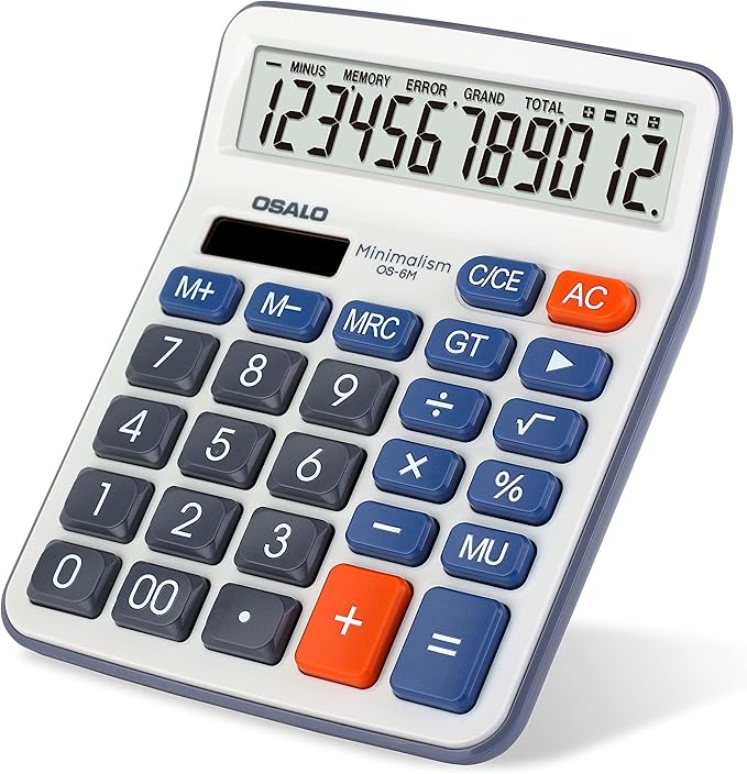 Desktop Calculator Large LCD Display 12 Digit Number Handheld Portable Pocket Basic Calculator with Big Soft Sensitive Button, Battery and Solar Powered, for Office Home School Use(OS-6M)