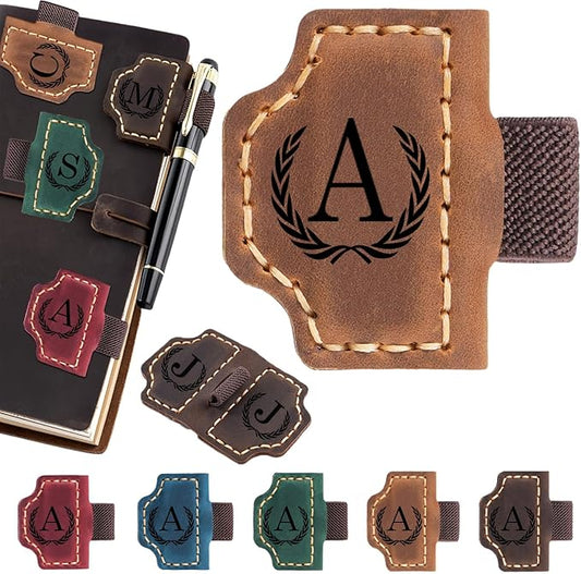 Personalized Magnetic Leather Bookmark with Pen Holder - 26 Letters Custom Book Mark with Name Initial Engraved Book Marker for Readers, Book Lovers, Travelers - Gift for Women & Men(Light Brown，A