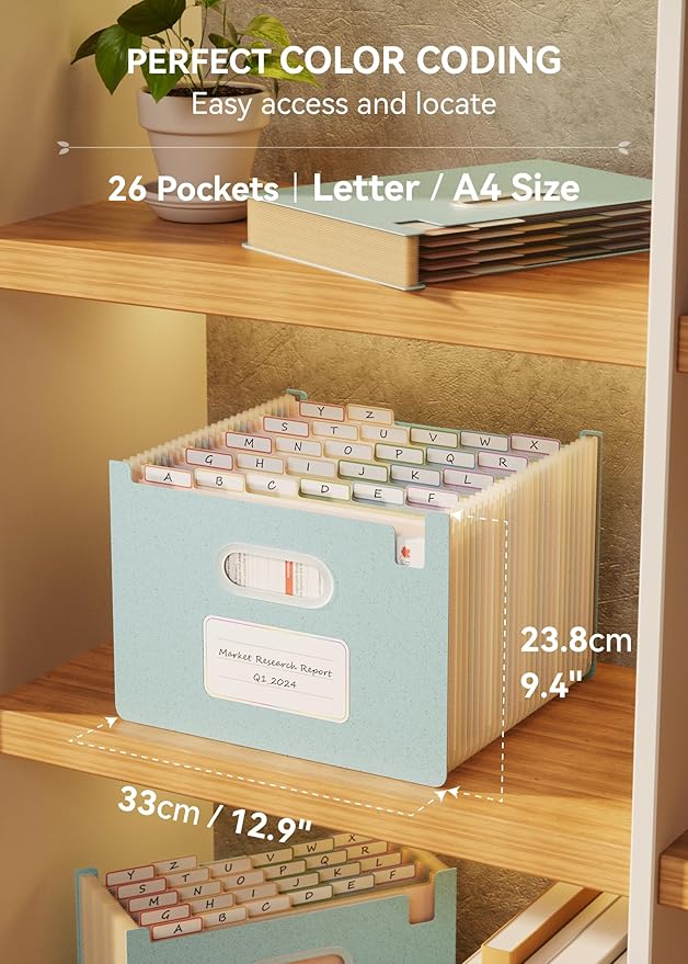 Accordion File Organizer, 26 Pockets Wheat Straw Expanding File Folders, Upright&Open Top, A-Z Bill Receipt Organizer, 100% BPA Free, Return to Nature, Healthy Living, Letter/A4 Size-Sky Blue