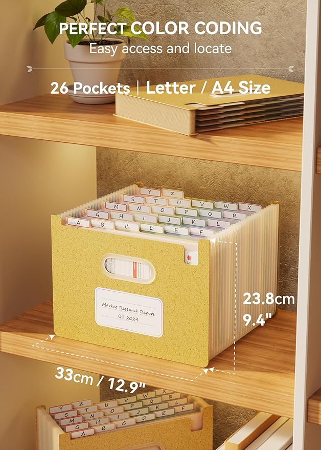 Accordion File Organizer, 26 Pockets Wheat Straw Expanding File Folders, Upright&Open Top, A-Z Bill Receipt Organizer, 100% BPA Free, Return to Nature, Healthy Living, Letter/A4 Size-Wheat Yellow
