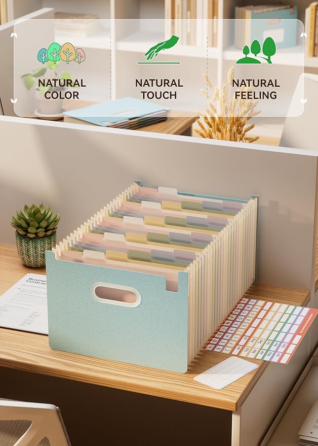 Accordion File Organizer, 26 Pockets Wheat Straw Expanding File Folders, Upright&Open Top, A-Z Bill Receipt Organizer, 100% BPA Free, Return to Nature, Healthy Living, Letter/A4 Size-Sky Blue