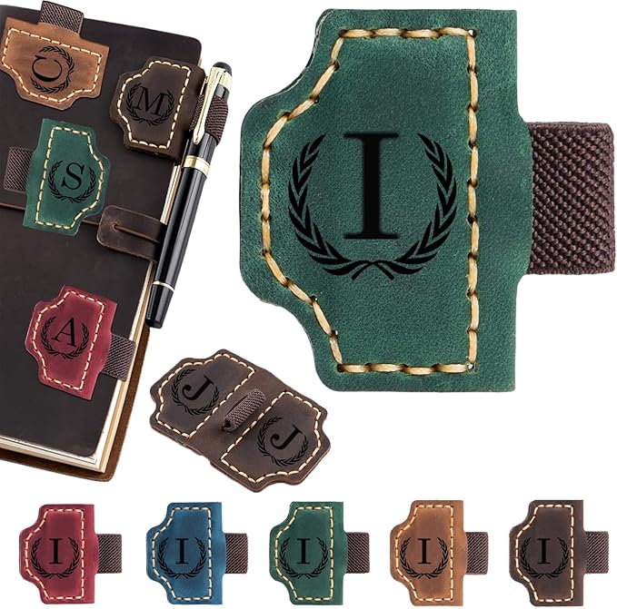 Artlaza Personalized Magnetic Leather Bookmark with Pen Holder - 26 Letters Custom Book Mark with Name Initial Engraved Book Marker for Readers, Book Lovers, Travelers - Gift for Women & Men(Green，I