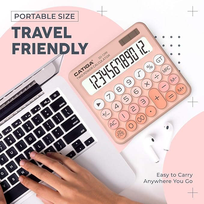CATIGA Mechanical Switch Calculator with Solar and Battery Dual Power, 12-Digit Large LCD Display, Aesthetic and Cute Desktop Calculator with Big Button, for Home, School and Office Use, SD-1299