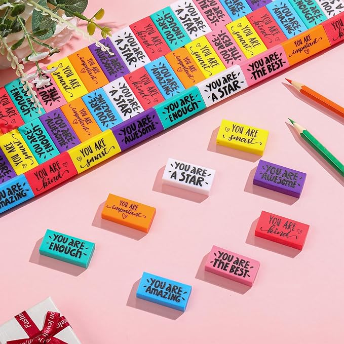 PerKoop 150 Pcs Inspirational Erasers Bulk Back to School Gifts Colorful Motivational Pencil Erasers for Kids First Day of School Favors for Students Teachers Classroom Office Supplies