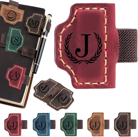Artlaza Personalized Magnetic Leather Bookmark with Pen Holder - 26 Letters Custom Book Mark with Name Initial Engraved Book Marker for Readers, Book Lovers, Travelers - Gift for Women & Men(Red，J