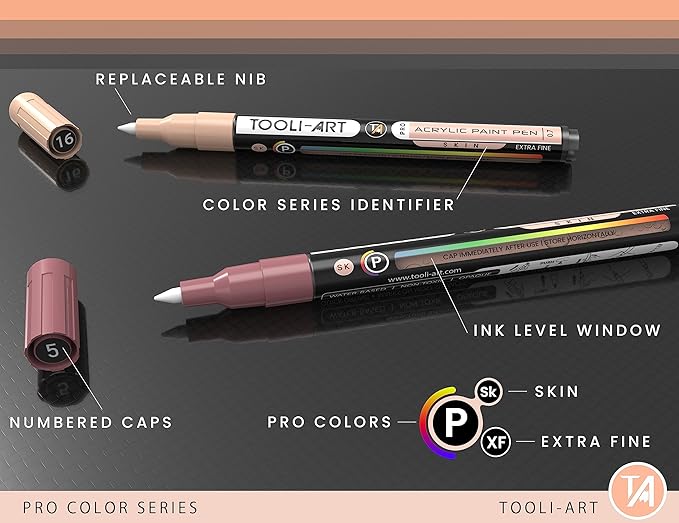 Acrylic Paint Pens 22 Skin Tones Assorted Pro Color Series Markers Set 0.7mm Extra Fine Tip for Rock Painting, Glass, Mugs, Wood, Metal, Canvas, Projects, Non Toxic, Waterbased, Quick Drying