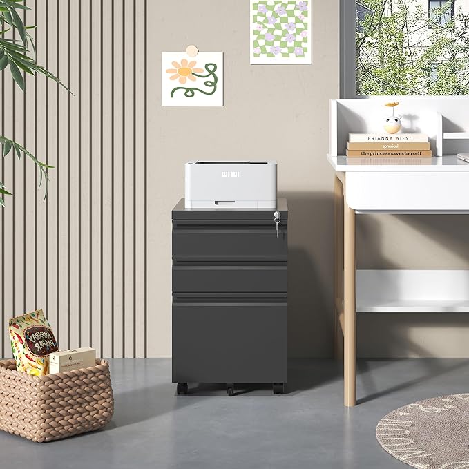 3 Drawer Mobile File Cabinet, Filing Cabinet Home Office for Letter, Legal Size, Fully Assembled Under Desk File Cabinet, Black