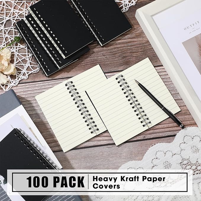 Jutom 100 Pcs Small Spiral Notebooks Memo Pads 3x5 Bulk Small Pocket Notebooks Mini Notepads with Lined Pages Mini Journals for Office Back to School Work Writing Supplies, 120 Pages (Black)