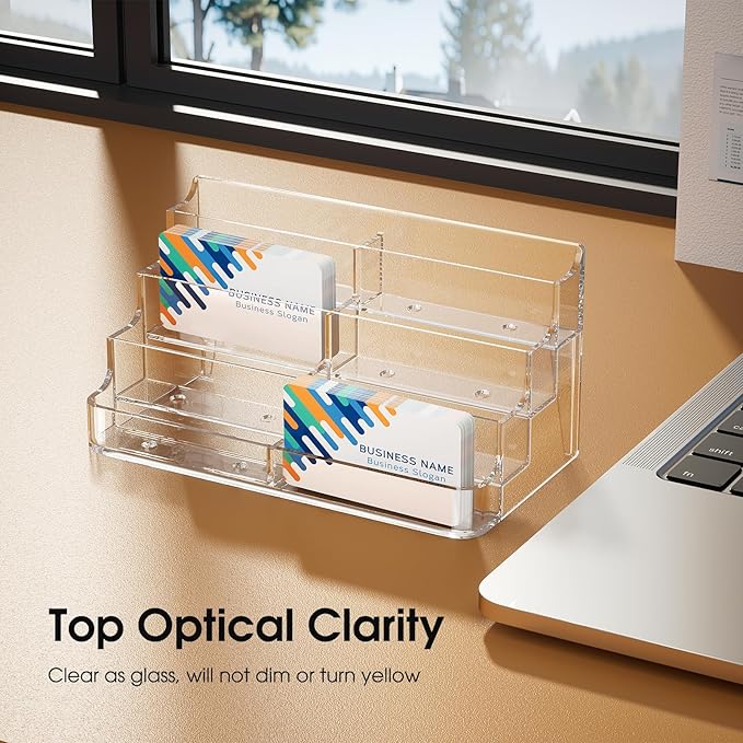 MaxGear Acrylic Business Card Holder for Desk Multiple Business Card Holders, Premium Cards Stand, Clear Plastic Cards Display Holder with 4 Tier for Exhibition, Home and Office, 8 Pocket, 4 Pack