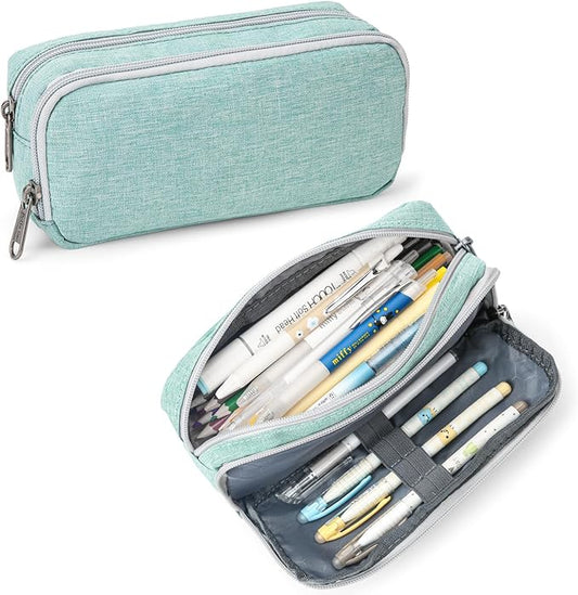 Della Gao Big Capacity Pencil Case, Durable Nylon Pencil Bag Aesthetic Pencil Pouch Travel Simple Stationery Bag Office Organizer Pen Bag for Women and Men - Green