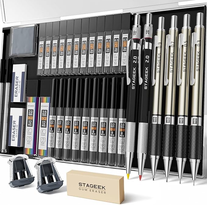 37PCS Art Mechanical Pencil Set, Drafting Pencil 5 Sizes- 0.3, 0.5, 0.7, 0.9MM & 2PCS 2.0MM Mechanical Drawing Pencils with 492PCS Leads (6B 4B 2B HB 2H 4H Color) for Artist Sketching Drawing