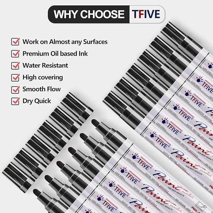 Black Paint Pens Markers - 12 Pack Oil Based Permanent Marker, Medium Tip, Never Fade, Quick Dry, Waterproof Paint Pen for Rocks Painting, Wood, Fabric, Plastic, Canvas, Glass, Metal