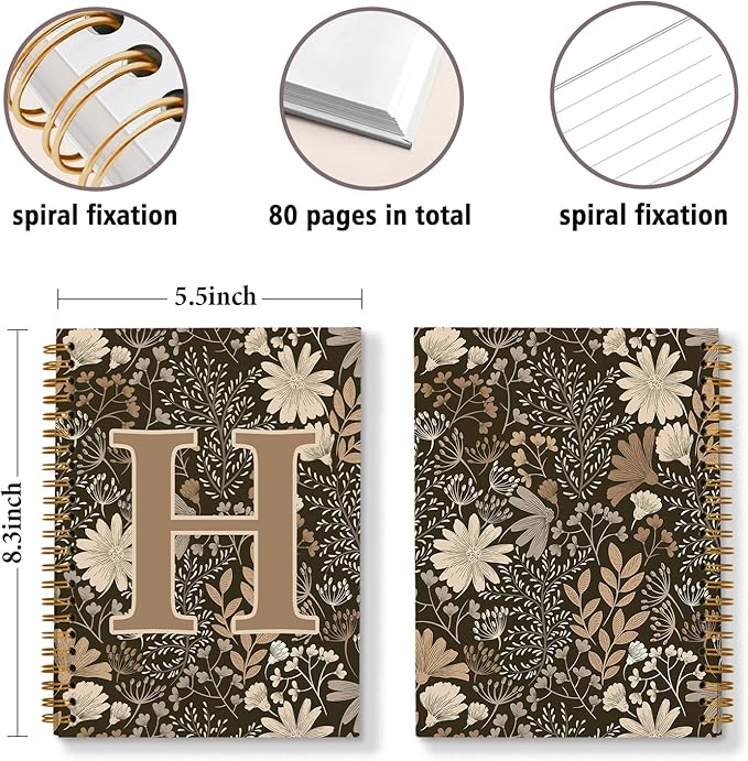 Initial H Personalized Journal Notebook, Boho Floral Journaling Notebooks for Women Girls, Costom Monogrammed Gifts for Women Mom Girls Friends, Letter Spiral Notebook, 5.5x8.3