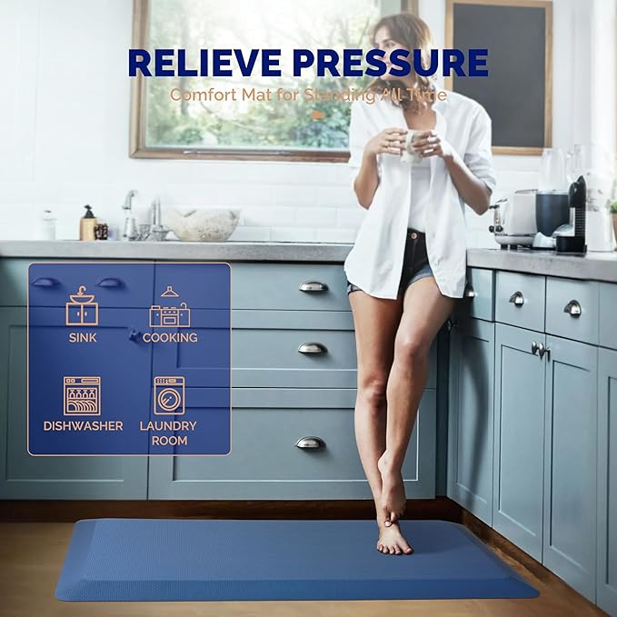 FEATOL Anti Fatigue Mat Floor Mat, Extra Thick Standing Office Desk Mat Memory Foam Cushioned Anti Fatigue Ergonomic Kitchen Mats Comfort Standing Pad NOT PVC 9/10 Inch Thick (Blue, 20x59x9/10-Inch)